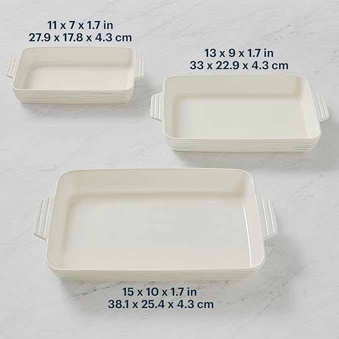 Pyrex (3-Piece) Ceramic Bakeware Set, Nonstick Casserole Dish with Handles, Lasagna Oven Pans, Bakers, For Baking, Roasting, Steaming, Rectangular