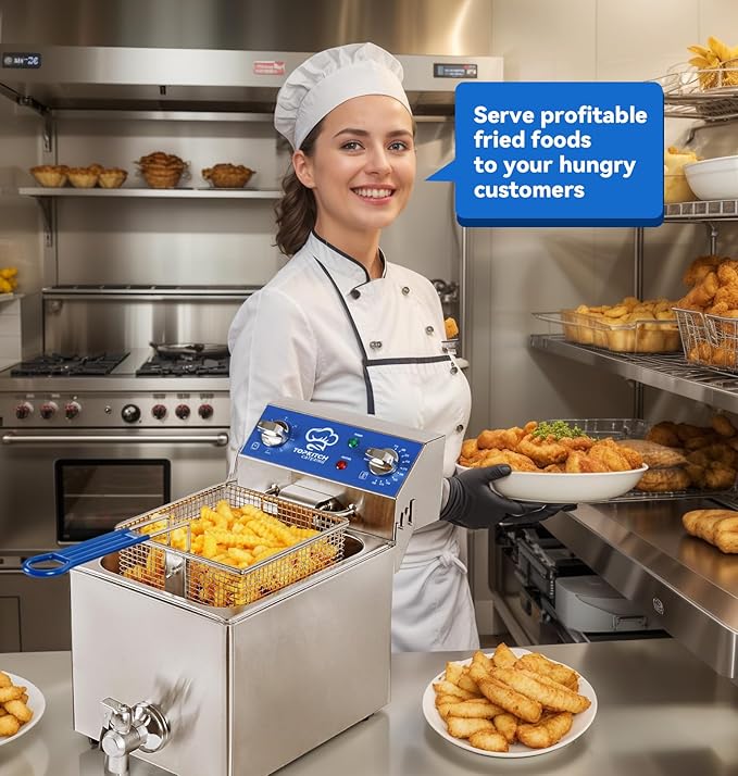 TOPKITCH 6.3Qt Electric Fryer with Oil Drain,30 Minutes Timer,Stretch forming oil tank,Lid and Solid Wire Mesh Basket,Light Duty Commercial Electric Countertop Deep Fryers-120V,1800W