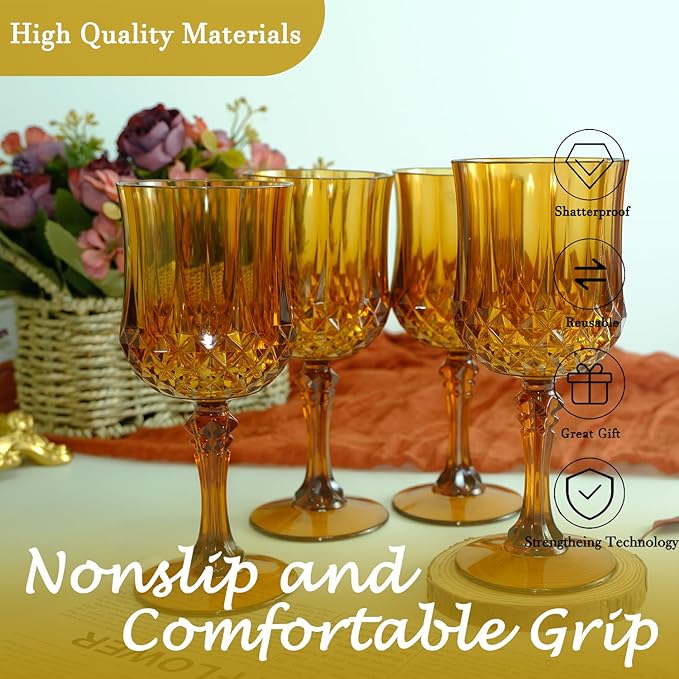Plastic Wine Glasses, Plastic Goblets Vintage Style Cordial Unbreakable Drinking Glasses, Reusable Drinkware for Wedding Reception, Grand Event Party Supplies (24, Amber)