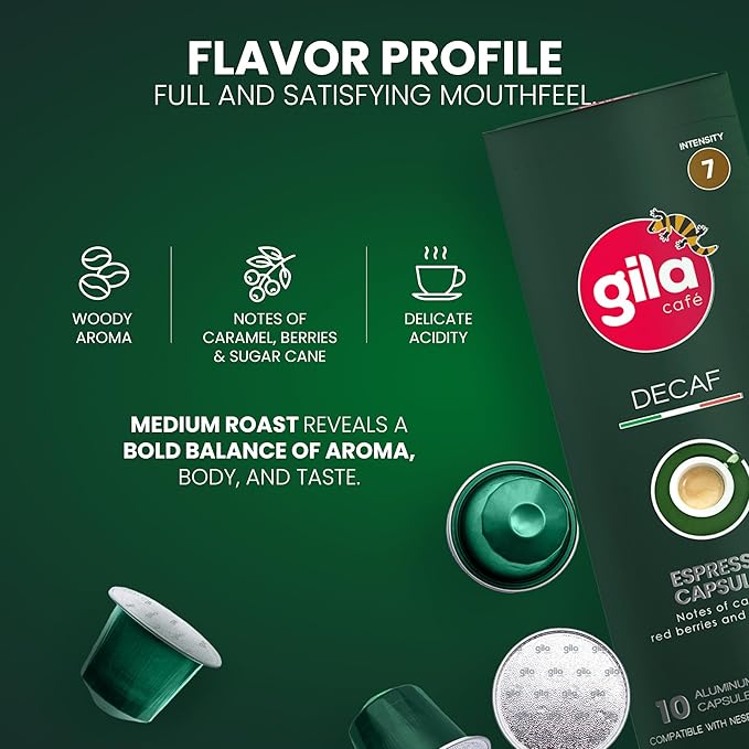 GILA Café Decaf Aluminum Coffee Capsules – Dark Roast Espresso Pods Compatible with Nespresso Original Machines – 100% Arabica, Naturally Water-Processed, 60 Count
