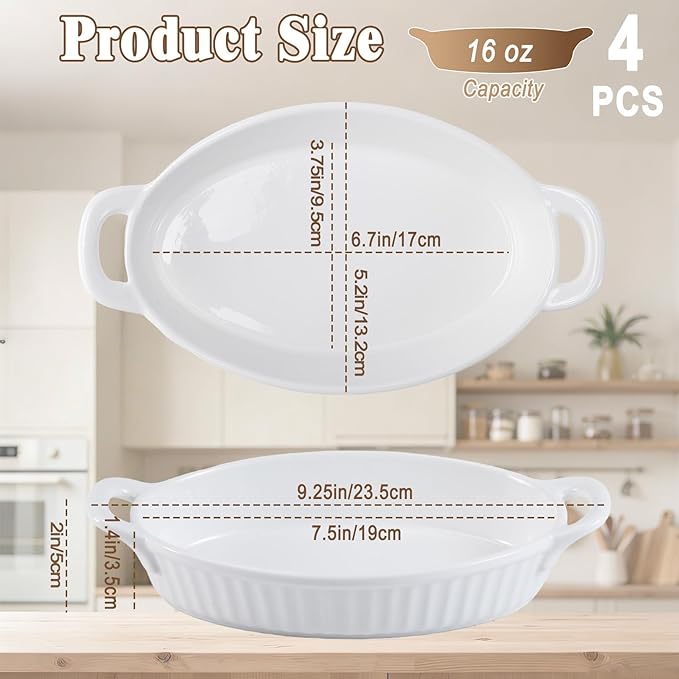 4 PCS 16 OZ Au Gratin Baking Dishes, Oval Porcelain Baking Dishes with Handles for Kitchen and Home, Ceramic Oven Safe, 7.5" x 9.25",White