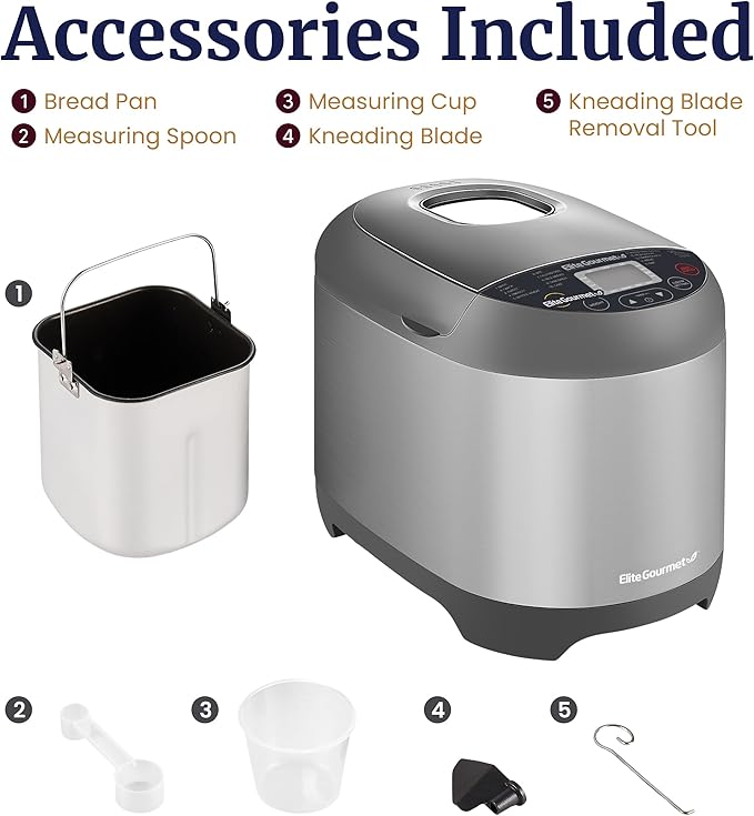 Elite Gourmet EBM8103SS Programmable Bread Maker Machine, 3 Loaf Sizes, 19 Menu Functions Gluten Free White Wheat Rye French and more, 2 Lb, Stainless Steel