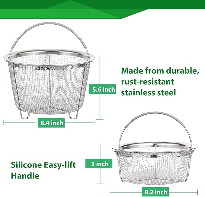 AOZITA Steamer Basket for Instant Pot Accessories 6 qt or 8 quart - 2 Tier Stackable 18/8 Stainless Steel Mesh - Silicone Handle - Vegetable Steamer Insert, Egg Basket, Pasta Strainer,Silver
