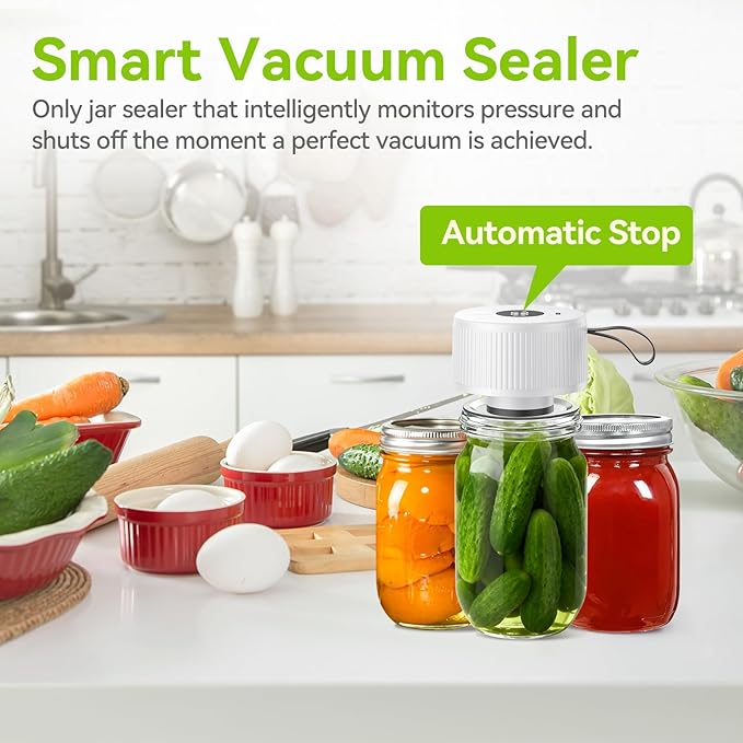 3-in-1 Electric Mason Jar Vacuum Sealer Kit for Mason Jars, Food Savers & Containers | Food Preservation System for Kitchen | Ideal for Canning Jams, Pickles, Dry Foods, Grains & Leftovers (White)