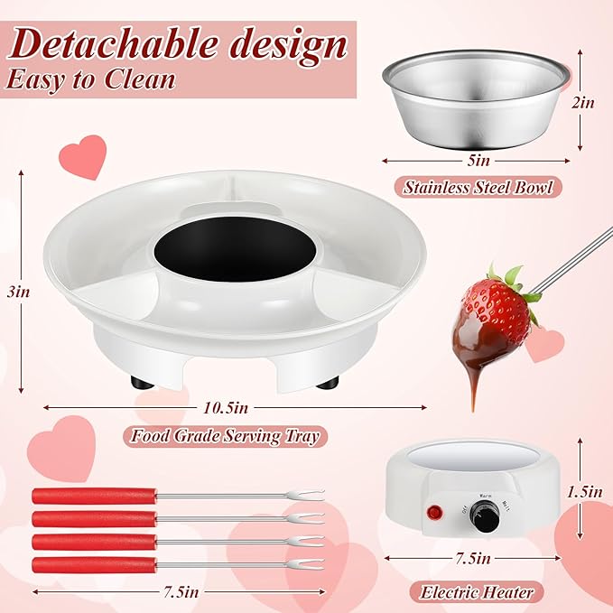 Lallisa Electric Fondue Pot Set, Chocolate Fondue Kit, Electric Fondue Maker, Detachable Serving Trays with 4 Roasting Forks, Gift Set for Date Night House Warming Melting Parties(White)