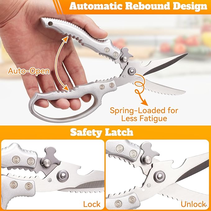 Heavy Duty Kitchen Scissors, Poultry Shears for Meat, Chicken, Bone, Turkey, Fish. Multi-Purpose Kitchen Shears With Anti-Slip Handle, Spring Loaded, Dishwasher Safe