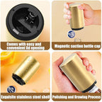 Automatic Beer Bottle Opener with Magnetic Cap, Stainless Steel One-Handed Lid Opening Spring Loaded Push&Pop Bottle Opener for Home Bars Picnic Camping Hiking（2PCS）