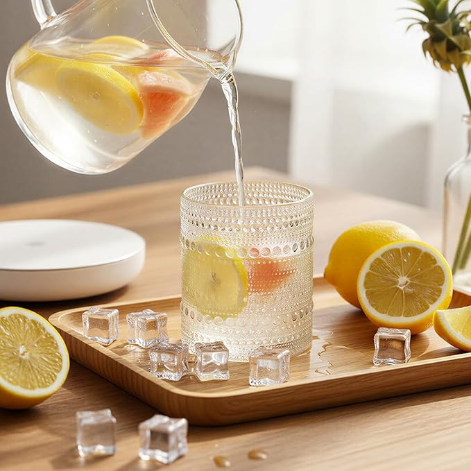 Moretoes Cocktail Glasses10 OZ Hobnail Drinking Glasses Set of 6, Vintage Whiskey Glassware, Textured Glass Cups Bubble Glasses Water Glasses Old Fashion Jupiter Glasses Set (Clear)