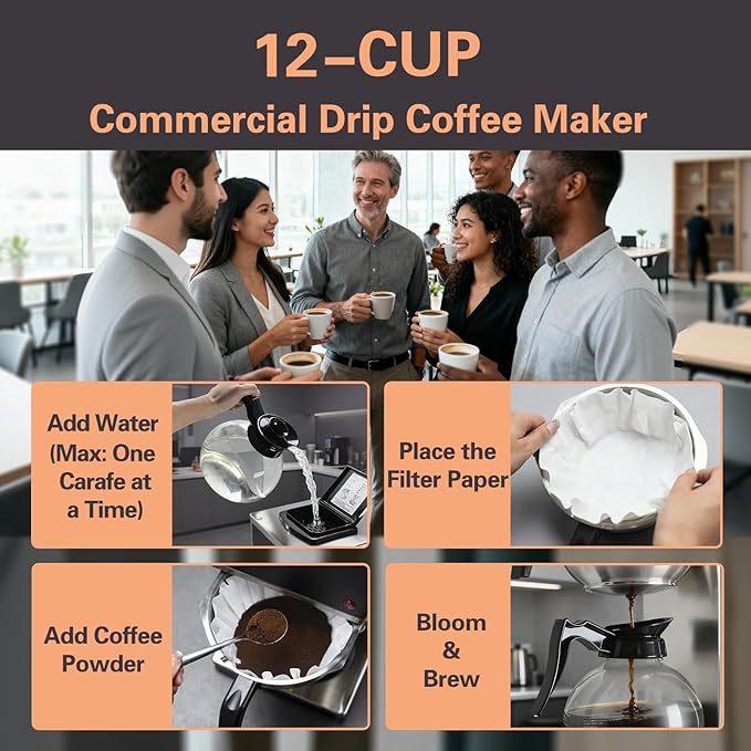 VONCI 1610W Commercial Coffee Maker, 12 Cup Drip Coffee Machine, 2 Glass Carafes and 2 Warmers, Stainless Steel Housing & Funnel, Industrial Coffee Maker for Offices, Hotels, Home