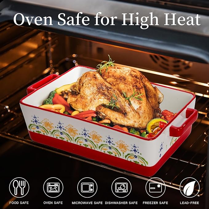 WRINGKIT Set of 3 Ceramic Baking Dishes, Rectangular Casserole Dish for Oven, Ceramic Bakeware Lasagna Pan Deep with Handles for Cooking, Baking, Wedding Gift, 3 Sizes (12''/10.7''/7.7''), Red