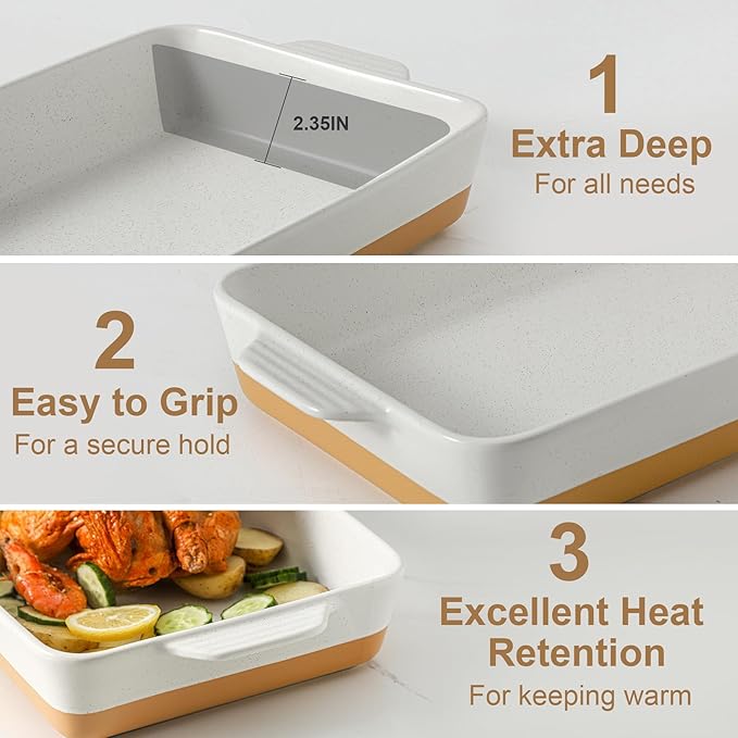 Ceramic Baking Casserole Dish with Handles, Large 9x13 inch Pan and Middle Baking Pan - Porcelain Serving Bakeware Set (Farmhouse White)