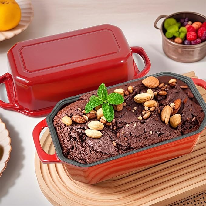Flavehc Bread Pan Cast Iron Loaf Pan with Lid Bread Loaf Pan 8.5x4.5 Inch Loaf Pan Enameled Cast Iron Sourdough Loaf Pan, Red