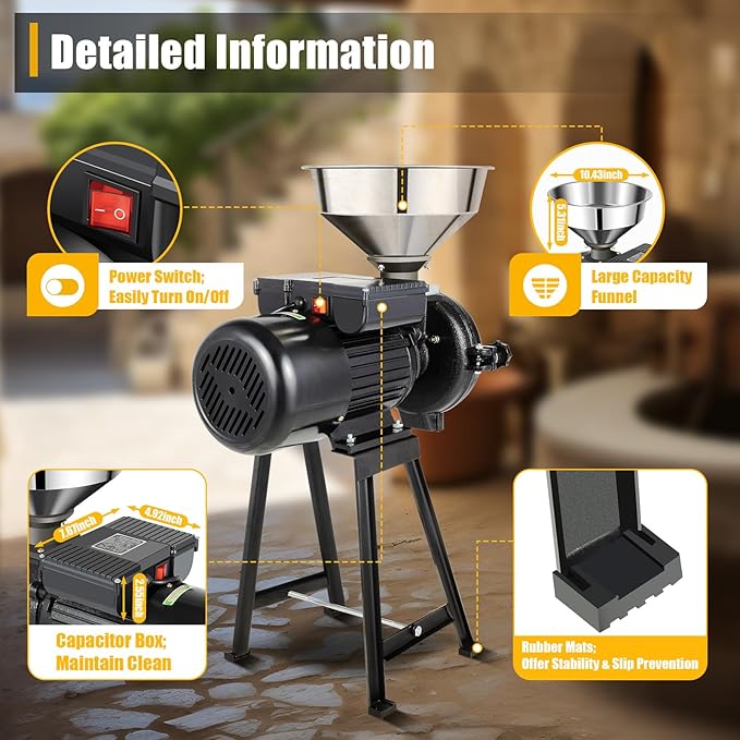 Grain Mill Grinder, 1500W Electric Grinder Mill Machine, Dry Feed Flour Grain Grinders Machine with Adjustable Input Material Speed & Adjustable Output Thickness for Grinding Various Dry Items