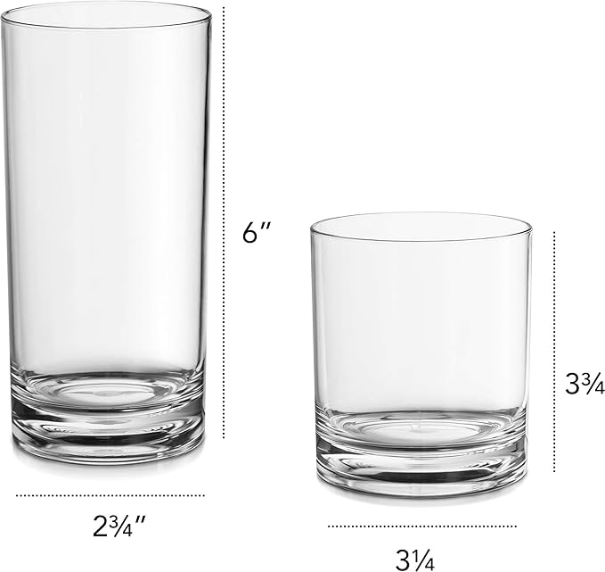 Elegant Acrylic Drinking Glasses [Set of 16] Attractive Clear Plastic Tumblers - Unbreakable Drinkware Set Ideal for Indoor and Outdoor - Kid Friendly