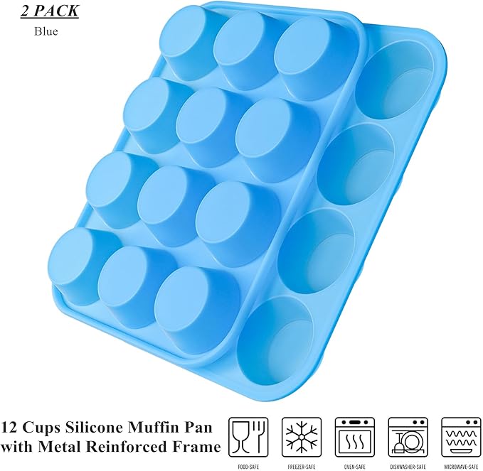 Bangp 2Pack Silicone Muffin Pans for Baking with Metal Reinforced Frame,12 Cup Regular Size Cupcake Pan,Premium Non-Stick Bend Resistance Silicone Muffin Tray for Pudding,Cakes,Tart,Egg Bites(Blue)