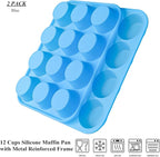 Bangp 2Pack Silicone Muffin Pans for Baking with Metal Reinforced Frame,12 Cup Regular Size Cupcake Pan,Premium Non-Stick Bend Resistance Silicone Muffin Tray for Pudding,Cakes,Tart,Egg Bites(Blue)