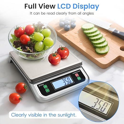 88lb/40kg Food Scale with 6 Unit Stainless Steel Commercial Kitchen Scale, with Full View LCD Display Large Kitchen Scale with Tare and Pcs Funtion for Baking, Cooking, Flour, Fruits Silver