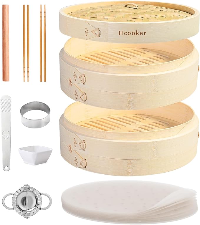 Bamboo Steamer Basket Set, 12-Inch 2-Tier Steamer for Cooking, Chopsticks Liners Sauce Dish Dumpling Making Tools, Steaming Asian Food, Bao Buns, Meat, Dim Sum, Rice, Vegetable Steam Pot