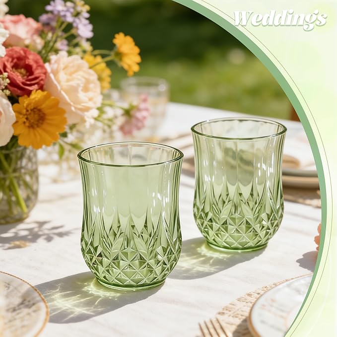 40 Pack Plastic Stemless Wine Glasses,12oz Unbreakable Vintage Elegant Drinking Glass Set,Reusable Fancy Cocktail Cups for Party, Wedding, and Bulk Events (40, 12oz-Sage Green)