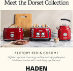 Haden Dorset Wide Slot Stainless Steel 2 Slice Retro Toaster and Dorset 1.7 Liter Stainless Steel Electric Water Kettle, Red