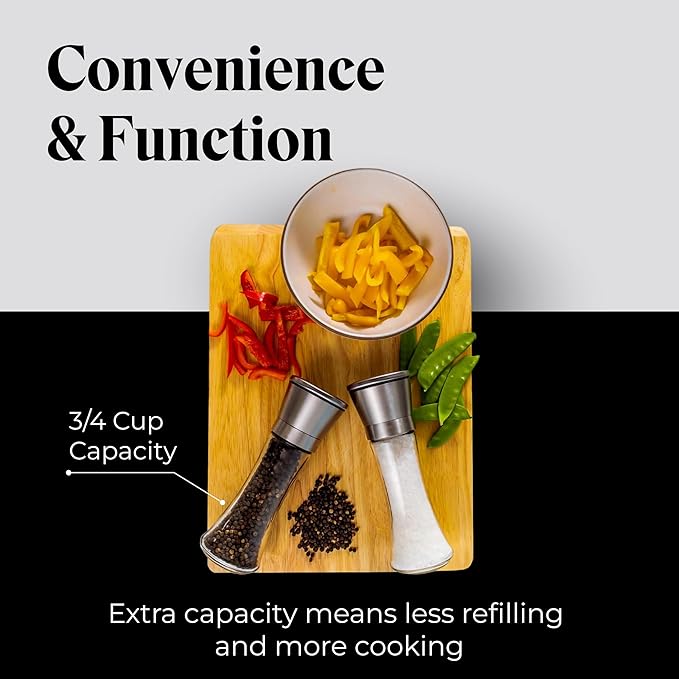 Willow & Everett Salt & Pepper Grinder Set with Stand - Stainless Steel Manual Mills & Holder with Adjustable Coarseness, Refillable Design for Peppercorns & Rock Salt Sold Separately