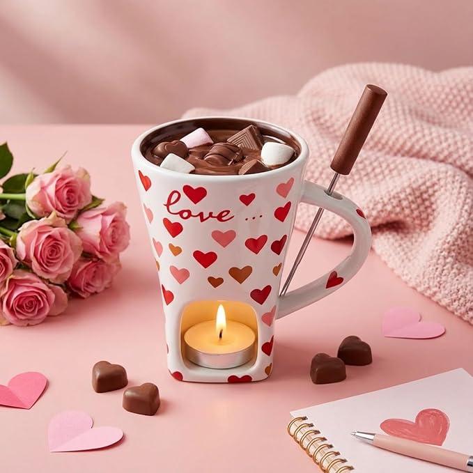 Honeydak Christmas Chocolate Fondue Mug with Fork and 3 Candle Sweet Ceramic Personal Chocolate Melting Cup Ideal Xmas Gifts Birthday Date Night Birthday Wedding Gifts (White,Heart)