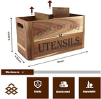 Utensil Holder for Kitchen Countertop - Extra Large 3 Compartment Wooden Organizer in Acacia Wood, Storage for Cooking Tools and Cutlery, Farmhouse Style for Home Cooking