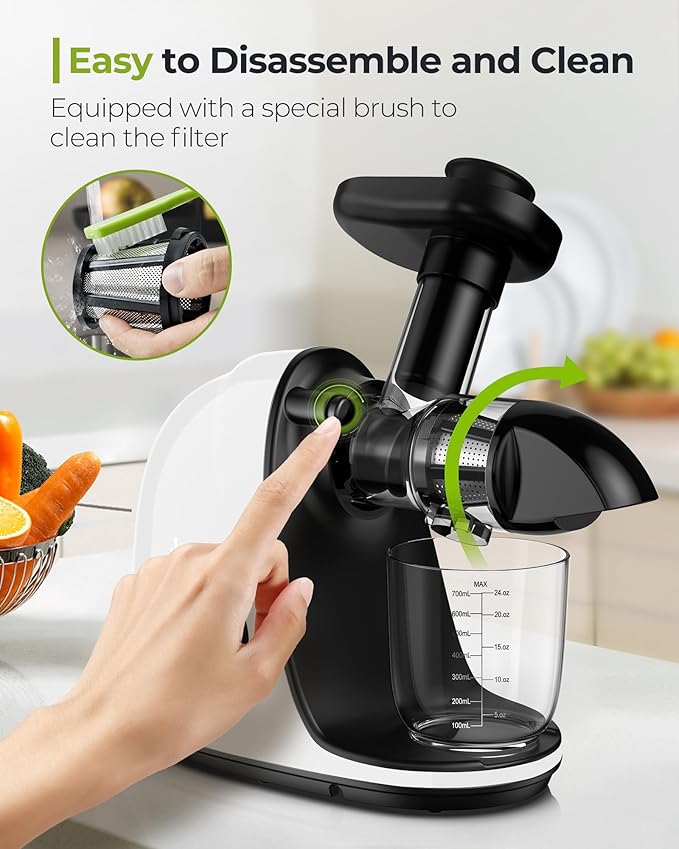 Jocuu Slow Masticating Juicer with 2-Speed Modes - Cold Press Juicer Machine - Quiet Motor & Reverse Function - Easy to Clean Juicer Extractor - Juice Recipes for Fruits & Vegetables (White)
