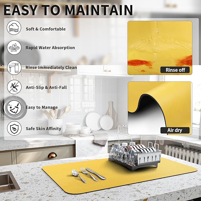 HotLive Dish Drying Mat for Kitchen Counter, Heat Resistant Drainer Mats with Non-slip Rubber Backed, Hide Stain Kitchen Super Absorbent Draining Mat, Easy to Clean Dish Rack Pad, Yellow 16"x18"