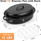 15” Roaster Pan with Lid and Rack, Small Enamel Roaster Pan with Oval Roasting Rack, Granite Baking Pot for Chicken Turkey Lamb, Heat Resistant, Oven/Dishwasher/All Stovestops Compatible