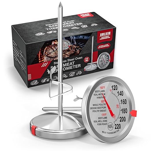 AWLKIM 2 Pack Stainless Steel Meat Thermometer, Safe Leave in Oven, 2.5-in Extra-Large Dial Food Thermometer for Cooking, Temperature Probe for Baking, Steak, Turkey - Kitchen Gadgets - Silver