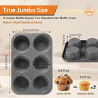 2 Pack Jumbo Muffin Pan, 6 Cup Large Cupcake Pan with Speckled Granite Coating and Paper Liners, Professional Nonstick Carbon Steel Muffin Tin for Baking Muffins Frittatas Cupcakes, Grey