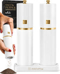 Wooden Salt and Pepper Grinder Set – Refillable Manual Salt and Pepper Mills with Adjustable Ceramic Burrs, Gold Detailing, and Wood Stand – White