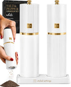 Wooden Salt and Pepper Grinder Set – Refillable Manual Salt and Pepper Mills with Adjustable Ceramic Burrs, Gold Detailing, and Wood Stand – White