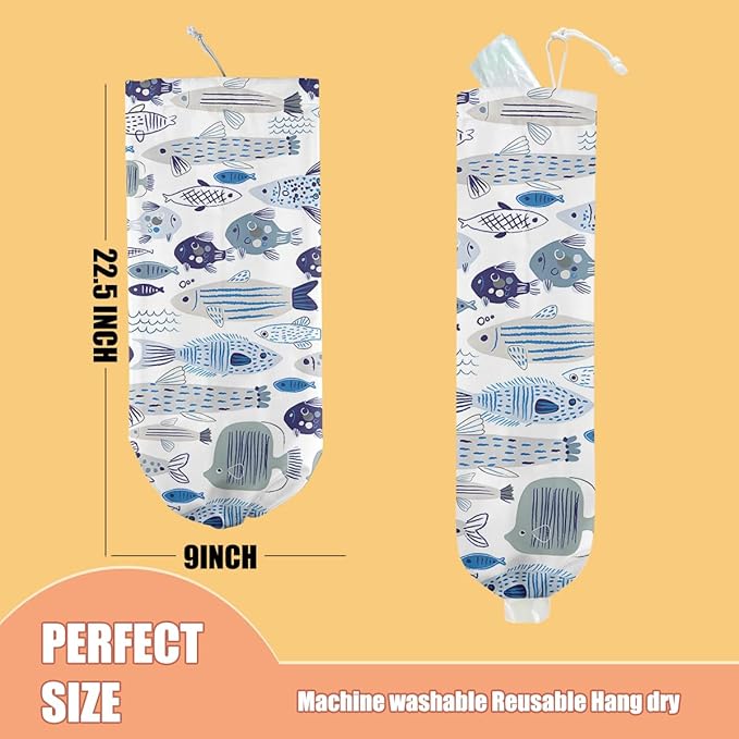 Fish Plastic Bag Holder, Wall Mount Grocery Bag Holder, Plastic Storage bag, Pull Rope Free Adjustment, Plastic Bag Holders for Grocery Bags, Plastic Bag Dispenser for Home Kitchen