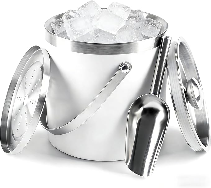 3L Double-Wall Insulated Stainless Steel White Ice Bucket with Scoop for Cocktail Bar - Metal Ice Bucket for Freezer with Lid for Parties,Camping,and More!Champagne Bucket,bar cart Accessories