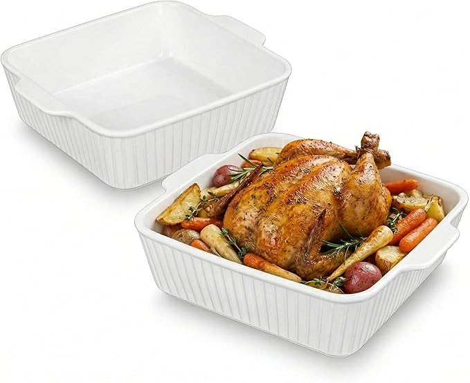 10" Square Ceramic Casserole Dish Set of 2-2.6 Qt Deep Baking Dishes with Handles for Oven, Lasagna Pan for Casseroles Cake Bread, Microwave Dishwasher Safe Bakeware Set, White