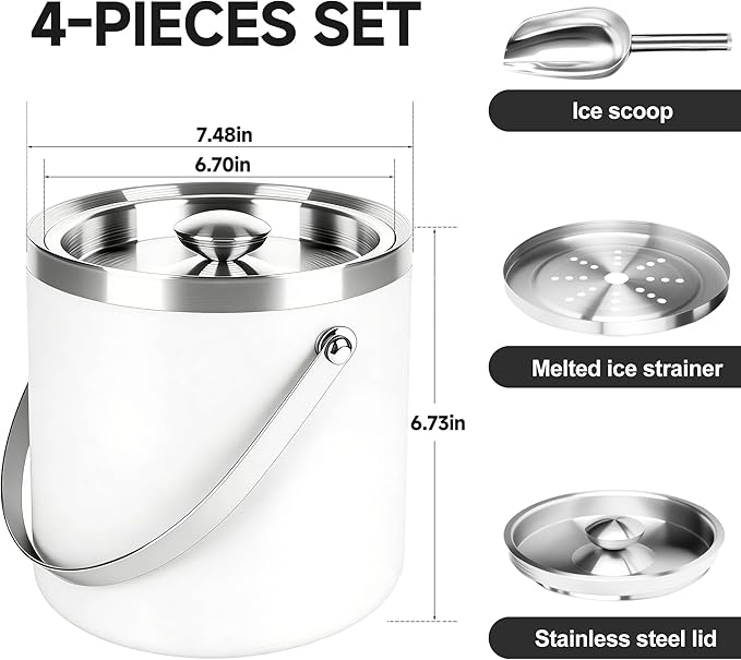 3L Double-Wall Insulated Stainless Steel White Ice Bucket with Scoop for Cocktail Bar - Metal Ice Bucket for Freezer with Lid for Parties,Camping,and More!Champagne Bucket,bar cart Accessories