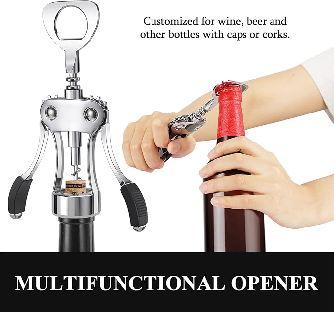 KORCCI Wine Opener, Heavy-Duty Zinc Alloy Wing Corkscrew, Premium Beer Bottle Opener, Multifunctional Wine Accessories with Ergonomic Handle and Sharp Screw, for Kitchen, Bar, Restaurant (SILVER)