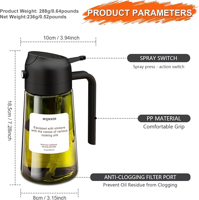 mqnxoi 2 in 1 Glass Oil Sprayer & Dispenser,16oz/470ml Olive Cooking, Air Fryer, and Salad, for Kitchen Gadgets and Air Fryer Accessories, w/Stickers (Black + Dark Green Bottle 2)