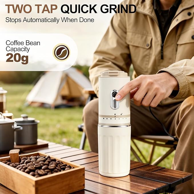 ALL-IN-ONE Portable Coffee Maker with Grinder and Pour Over for Travel, Rechargeable, Conical Burr, Cordless Mini Coffee Maker for Car, Camping, RV, Van