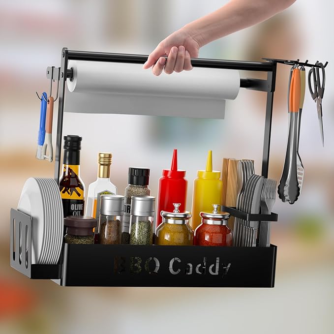 Grill Caddy, BBQ Caddy with Paper Towel Holder for Plate Cutlery, Flatware Caddy Picnic Condiment Caddy with 4 Hooks, Grill Utensil Caddy for Outdoor Barbecue Accessories Organizer