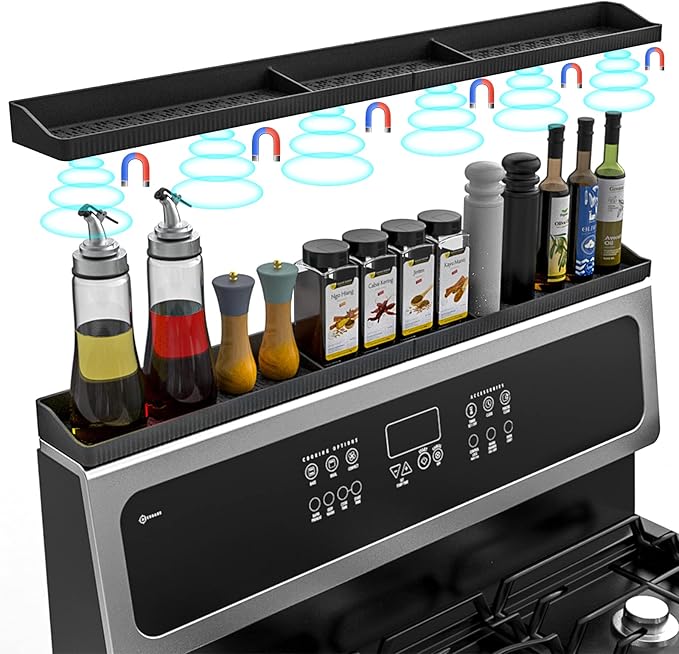 Magnetic Stove Top Shelf 30 Inch - Heat Resistant Silicone Over the Stove Shelf Spice Rack Organizer - 3 Functional Partitions Kitchen Organization and Storage for Spices, Oils & Gadgets (Black)