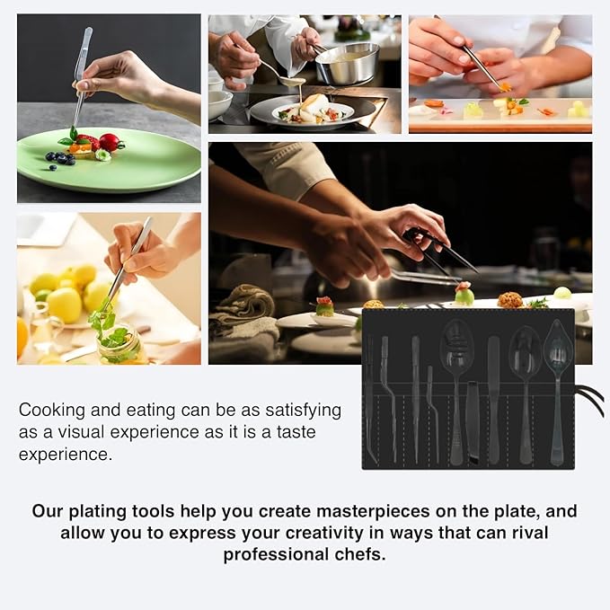 Professional Chef Tools | Plating Tools Culinary Set | Piece Culinary Tool Set | Premium Stainless Steel Chef's Plating Tool Set | Kitchen Tweezers & Fish Tongs & Spatula & Slotted Spoon (Black) (8)