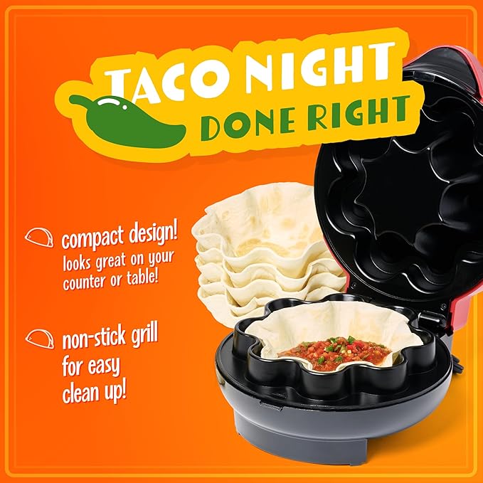 Nostalgia Taco Tuesday Tortilla Bowl Maker For Baked Taco Bowls, Tostadas, Salads, Dips, Appetizers, and Desserts, 8 to 10 Inch Tortillas, Red
