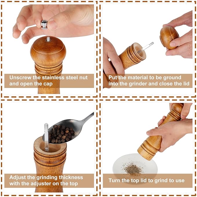 Gulex® Wood Pepper Grinder Pepper Mill,Adjustable Coarseness 8 Inch Wooden Peppermill, Ceramic Grinding Mechanism Salt Mill Refillable (1 pack) (Dark-2PC)