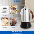 APOXCON Electric Coffee Percolator Stainless Steel Coffee Maker with Tough Glass Clear Brew Progress Knob & On/OFF Switch Keep Warm Cordless Serve for Home and Hotel Room Use Gift Box Packaging 6 Cup
