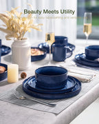 Famiware Star 24-Piece Stoneware Dinnerware Sets for 6 - Shallow Pasta Bowls & Flat Plates, Modern Rustic Reactive Glaze Dishes, Chip & Scratch Resistant, Microwave & Dishwasher Safe, Nebulas Blue