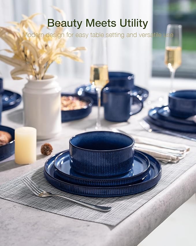 Famiware Star 24-Piece Stoneware Dinnerware Sets for 6 - Shallow Pasta Bowls & Flat Plates, Modern Rustic Reactive Glaze Dishes, Chip & Scratch Resistant, Microwave & Dishwasher Safe, Nebulas Blue