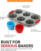 Boxiki Kitchen Non-Stick Steel 6 Cup Muffin Pan with Silicone Handles and Reusable Liners - Perfect for Baking Large Muffins and Cupcakes